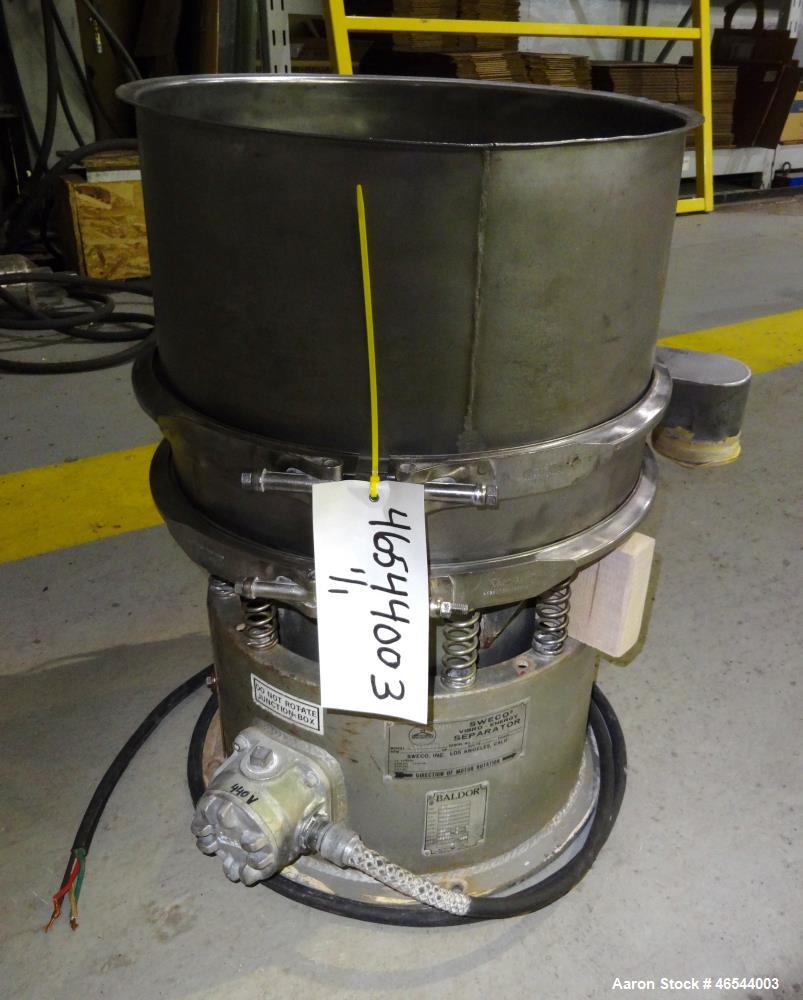 Used Sweco Screener, Model LS18S333, 304 Stainless Steel. 18" Diameter, single deck, 1 separation, with a top scalping deck, no cover. Driven by a 1/4hp, 3/60/440 volt, 1140 rpm motor. Mounted on a c...