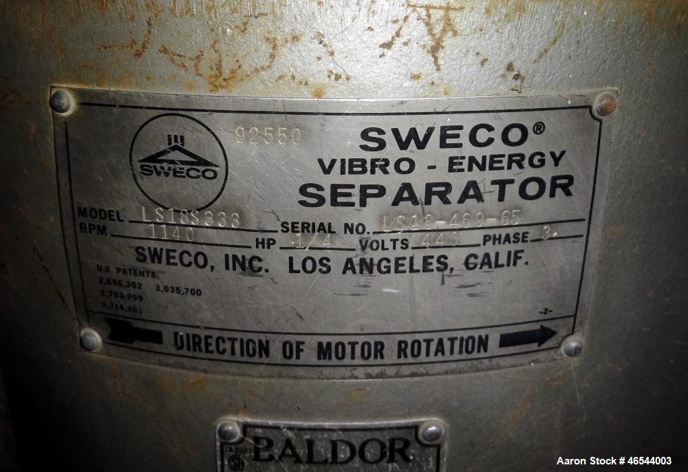 Used Sweco Screener, Model LS18S333, 304 Stainless Steel. 18" Diameter, single deck, 1 separation, with a top scalping deck, no cover. Driven by a 1/4hp, 3/60/440 volt, 1140 rpm motor. Mounted on a c...
