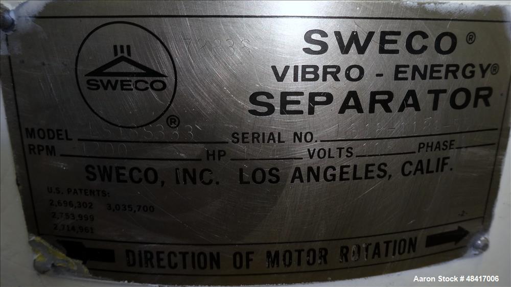 Used Sweco Screener, Model LS18S333, 304 Stainless Steel.
