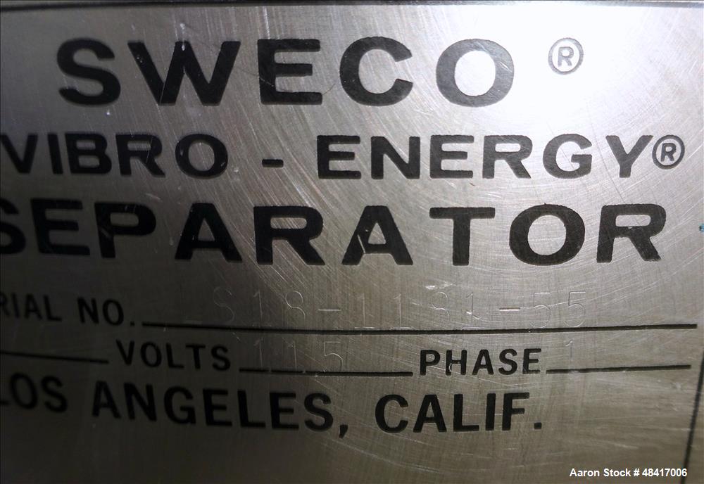 Used Sweco Screener, Model LS18S333, 304 Stainless Steel.