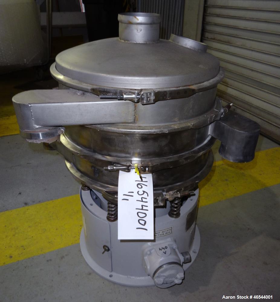 Used Sweco Screener, Model LS18S35, 304 Stainless Steel. 18" Diameter, double deck, 3 separation, with a top cover. Driven by a 1/4hp, 3/60/440 volt, 1140 rpm motor. Mounted on a carbon steel base. S...