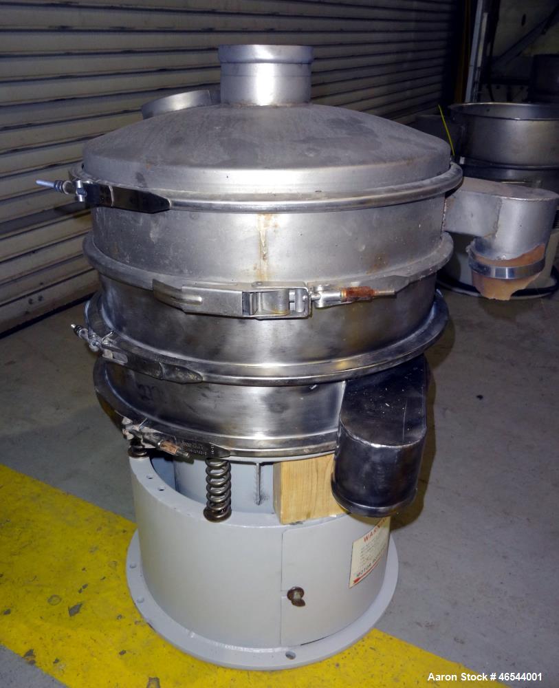 Used Sweco Screener, Model LS18S35, 304 Stainless Steel. 18" Diameter, double deck, 3 separation, with a top cover. Driven by a 1/4hp, 3/60/440 volt, 1140 rpm motor. Mounted on a carbon steel base. S...