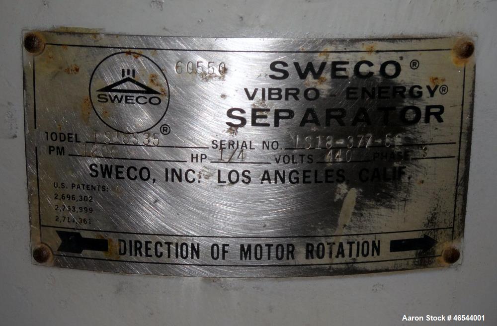 Used Sweco Screener, Model LS18S35, 304 Stainless Steel. 18" Diameter, double deck, 3 separation, with a top cover. Driven by a 1/4hp, 3/60/440 volt, 1140 rpm motor. Mounted on a carbon steel base. S...