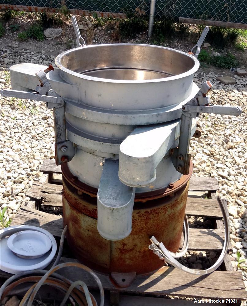 Used Sweco Screener, Model LS18S533, Stainless Steel. 18" Diameter, double deck, 3 separation, no top cover. Driven by an approximate 1/4hp motor. Mounted on a carbon steel base.
