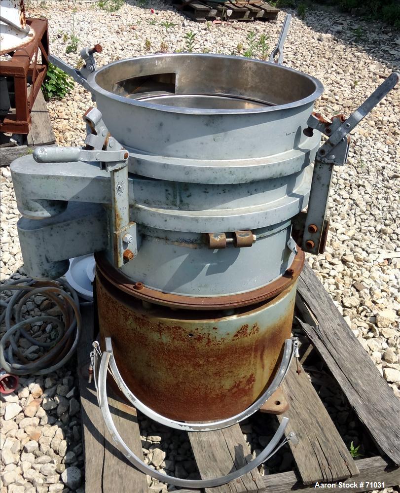 Used Sweco Screener, Model LS18S533, Stainless Steel. 18" Diameter, double deck, 3 separation, no top cover. Driven by an approximate 1/4hp motor. Mounted on a carbon steel base.