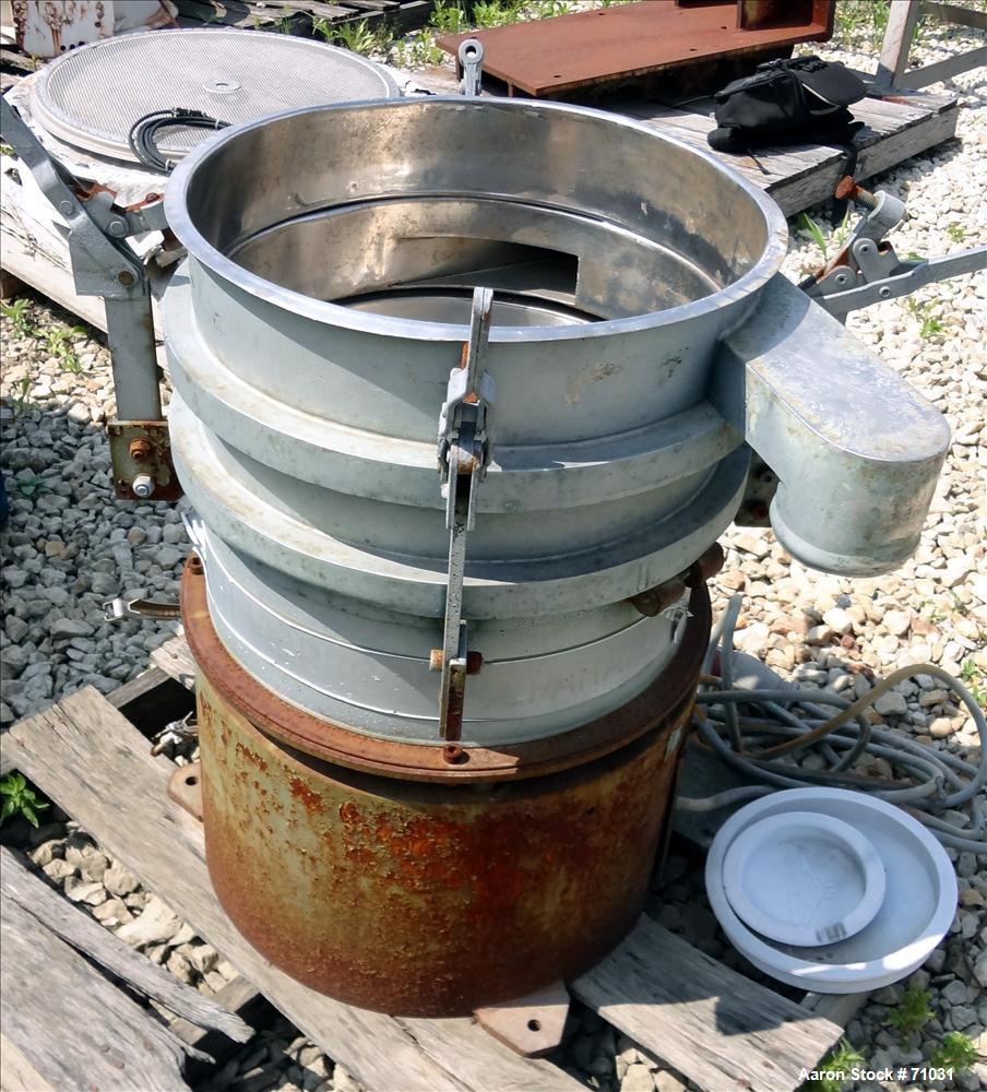 Used Sweco Screener, Model LS18S533, Stainless Steel. 18" Diameter, double deck, 3 separation, no top cover. Driven by an approximate 1/4hp motor. Mounted on a carbon steel base.