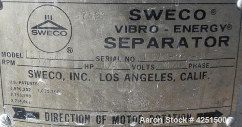 Used Sweco Screener, Model LS18S555, 316 Stainless Steel. 18" Diameter, single deck 2 separation with top cover. Driven by a 1/4 hp, 3/60/440 volt, 1140 rpm motor. Includes a Wilden double diaphragm ...