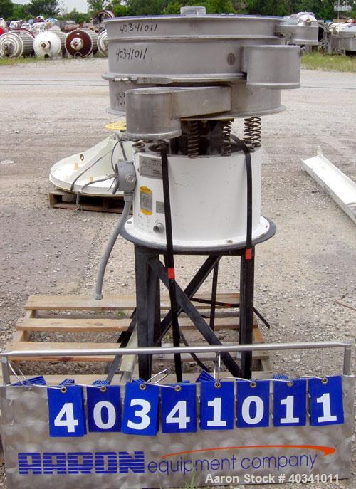 Used Sweco screener, model LS24S422HS, 304 stainless steel. 24" diameter, double deck, 3 separation. Plexiglass top cover. Driven by a 1/3 hp, 3/60/460 volt, 1725 rpm motor. Mounted on a carbon steel...