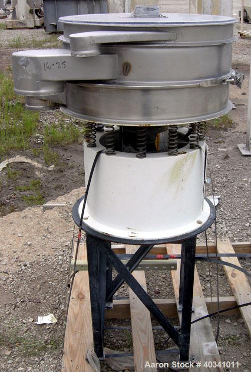 Used Sweco screener, model LS24S422HS, 304 stainless steel. 24" diameter, double deck, 3 separation. Plexiglass top cover. Driven by a 1/3 hp, 3/60/460 volt, 1725 rpm motor. Mounted on a carbon steel...