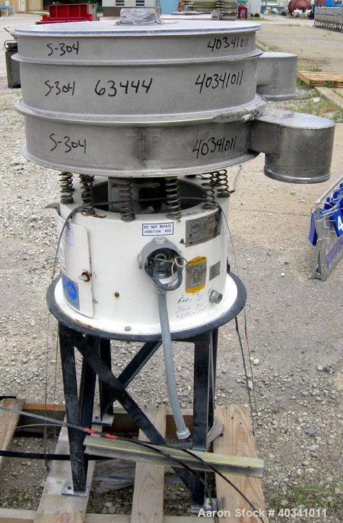 Used Sweco screener, model LS24S422HS, 304 stainless steel. 24" diameter, double deck, 3 separation. Plexiglass top cover. Driven by a 1/3 hp, 3/60/460 volt, 1725 rpm motor. Mounted on a carbon steel...