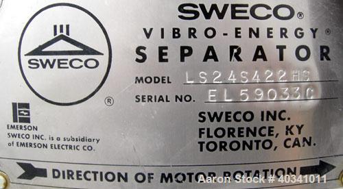Used Sweco screener, model LS24S422HS, 304 stainless steel. 24" diameter, double deck, 3 separation. Plexiglass top cover. Driven by a 1/3 hp, 3/60/460 volt, 1725 rpm motor. Mounted on a carbon steel...