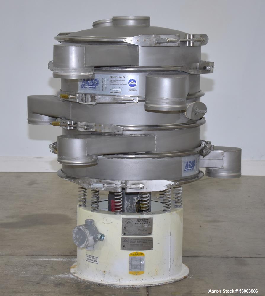 Used Sweco 24" Diameter Screener, Model LS24S444, Stainless Steel. Four deck, 5 separation. Driven by a 1/3hp, 3/60/230 volt, 1140 rpm motor. Top clamp-on cover with (2) 6" inlets. 6" Outlets. Mounte...