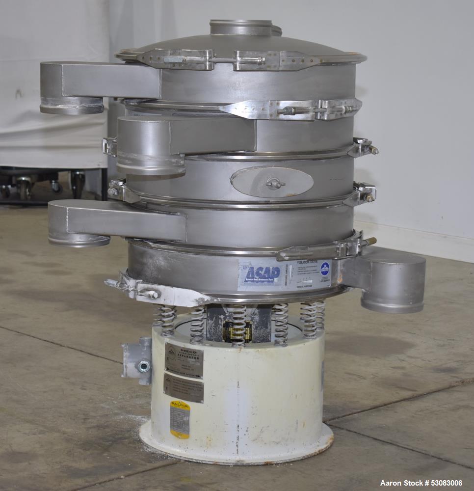Used Sweco 24" Diameter Screener, Model LS24S444, Stainless Steel. Four deck, 5 separation. Driven by a 1/3hp, 3/60/230 volt, 1140 rpm motor. Top clamp-on cover with (2) 6" inlets. 6" Outlets. Mounte...