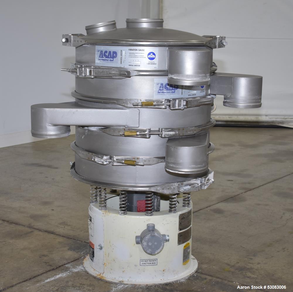 Used Sweco 24" Diameter Screener, Model LS24S444, Stainless Steel. Four deck, 5 separation. Driven by a 1/3hp, 3/60/230 volt, 1140 rpm motor. Top clamp-on cover with (2) 6" inlets. 6" Outlets. Mounte...