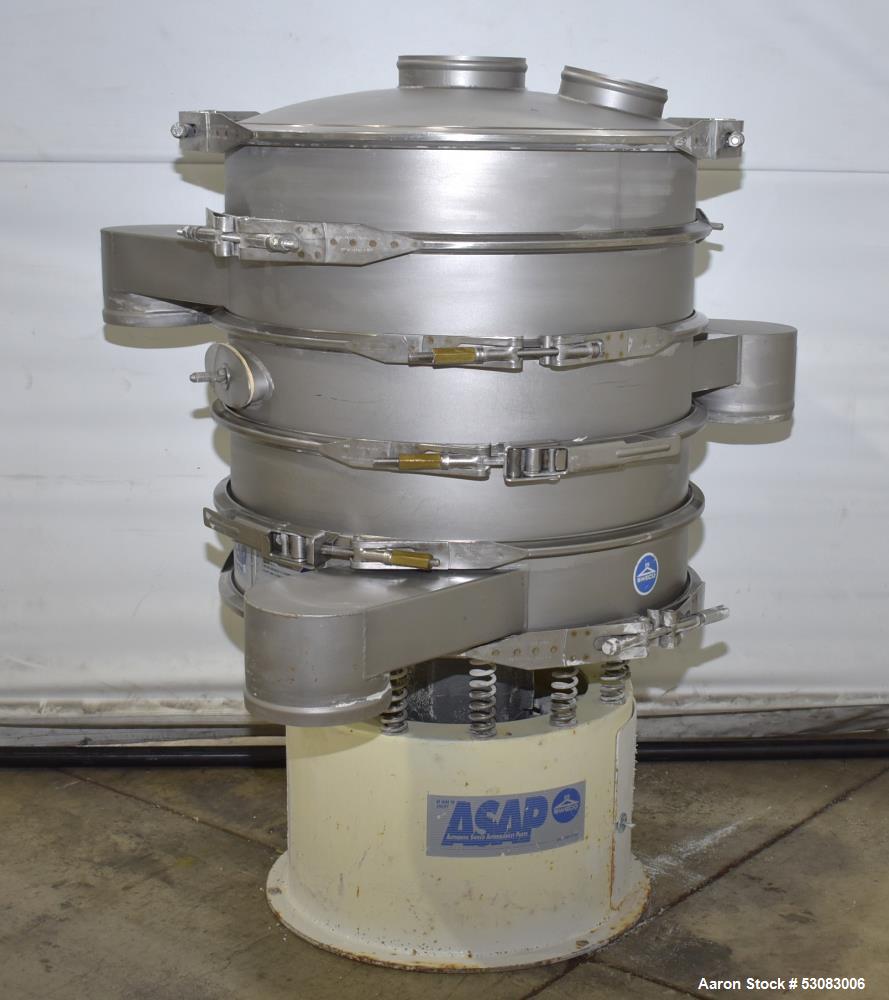 Used Sweco 24" Diameter Screener, Model LS24S444, Stainless Steel. Four deck, 5 separation. Driven by a 1/3hp, 3/60/230 volt, 1140 rpm motor. Top clamp-on cover with (2) 6" inlets. 6" Outlets. Mounte...
