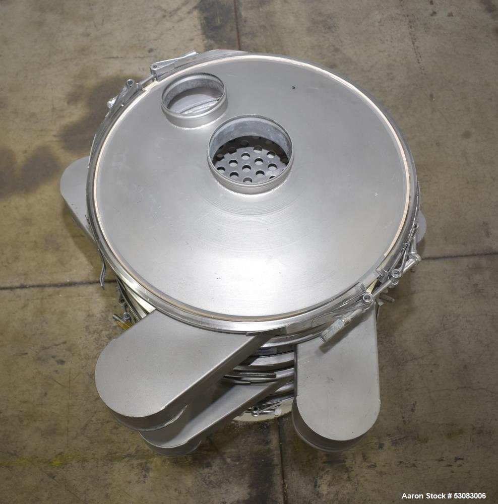 Used Sweco 24" Diameter Screener, Model LS24S444, Stainless Steel. Four deck, 5 separation. Driven by a 1/3hp, 3/60/230 volt, 1140 rpm motor. Top clamp-on cover with (2) 6" inlets. 6" Outlets. Mounte...