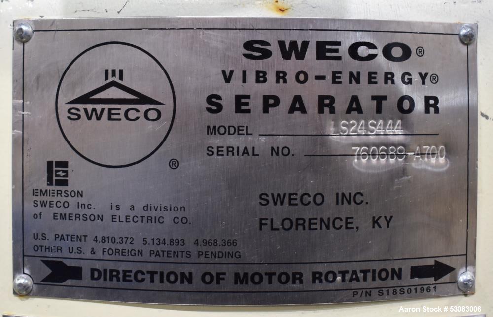 Used Sweco 24" Diameter Screener, Model LS24S444, Stainless Steel. Four deck, 5 separation. Driven by a 1/3hp, 3/60/230 volt, 1140 rpm motor. Top clamp-on cover with (2) 6" inlets. 6" Outlets. Mounte...