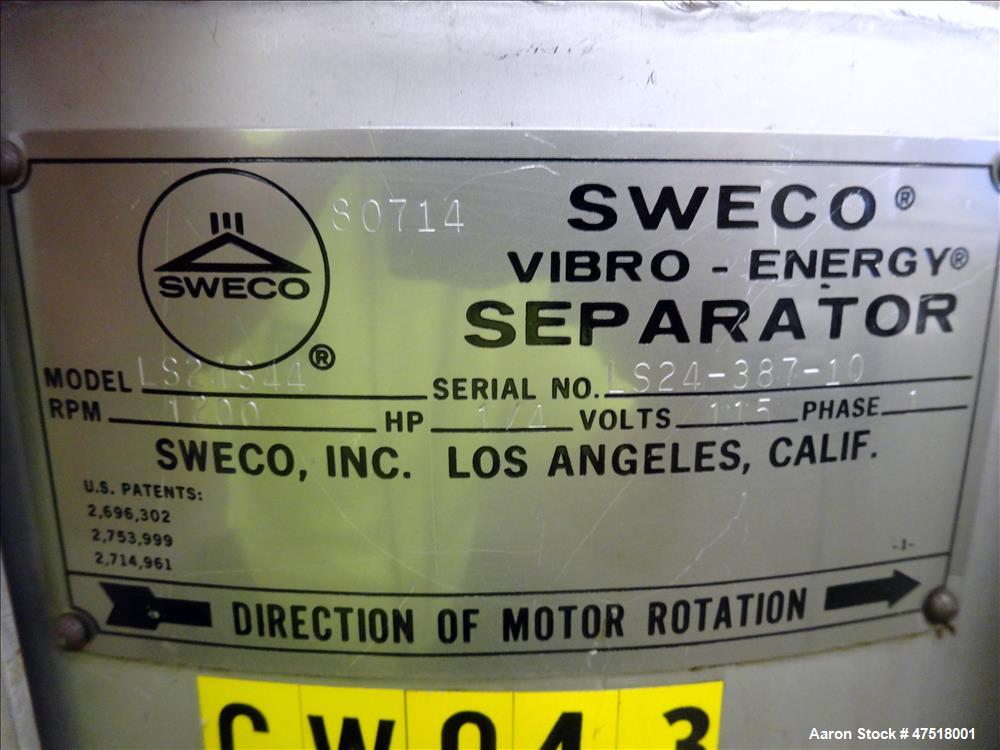 Used Sweco Screener Sieve, Model LS24S44, 304 stainless steel, 24" diameter,