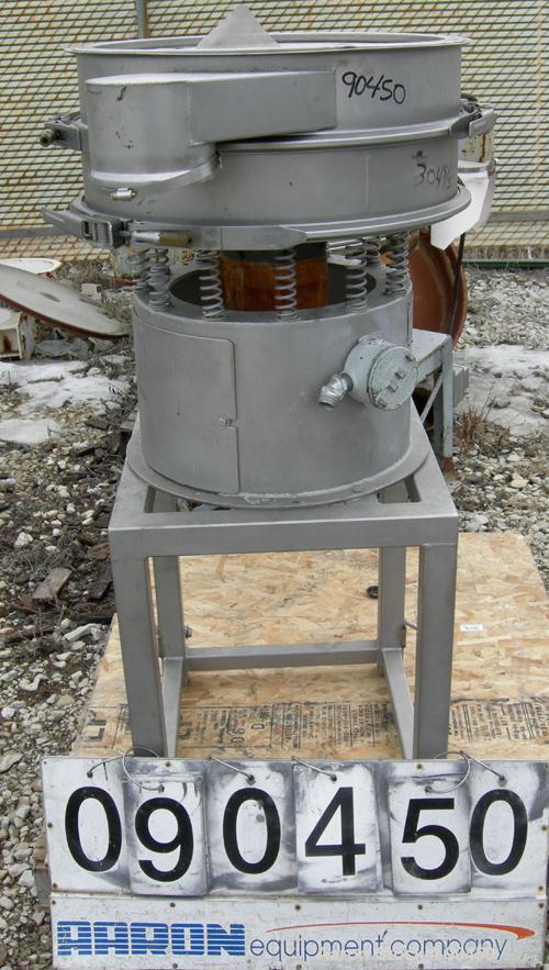 Used: Sweco screener, model LS24S44, 304 stainless steel. 24" diameter, single deck, 2 separation.No top cover. Driven by a 1/3hp, 3/60/440 volt, 1140 rpm motor. Mounted on a stainless steel base and...