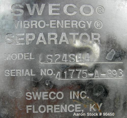 Used: Sweco screener, model LS24S44, 304 stainless steel. 24" diameter, single deck, 2 separation.No top cover. Driven by a 1/3hp, 3/60/440 volt, 1140 rpm motor. Mounted on a stainless steel base and...