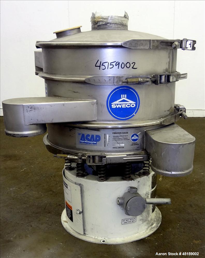Used Sweco Screener, Model LS24S644, 304 Stainless Steel. 24" Diameter (3) deck, (2) separation with top cover. Driven by a 1/3 hp, 3/60/208 volt, 1200 rpm motor. Mounted on carbon steel base. Serial...