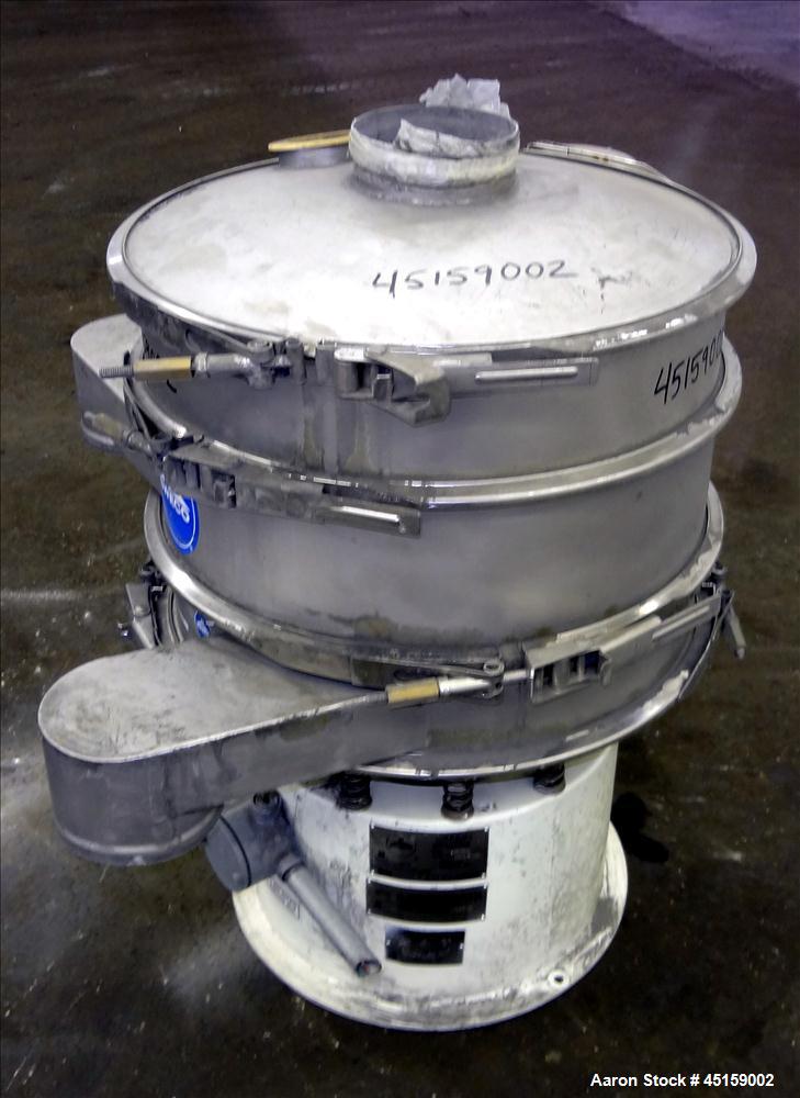 Used Sweco Screener, Model LS24S644, 304 Stainless Steel. 24" Diameter (3) deck, (2) separation with top cover. Driven by a 1/3 hp, 3/60/208 volt, 1200 rpm motor. Mounted on carbon steel base. Serial...