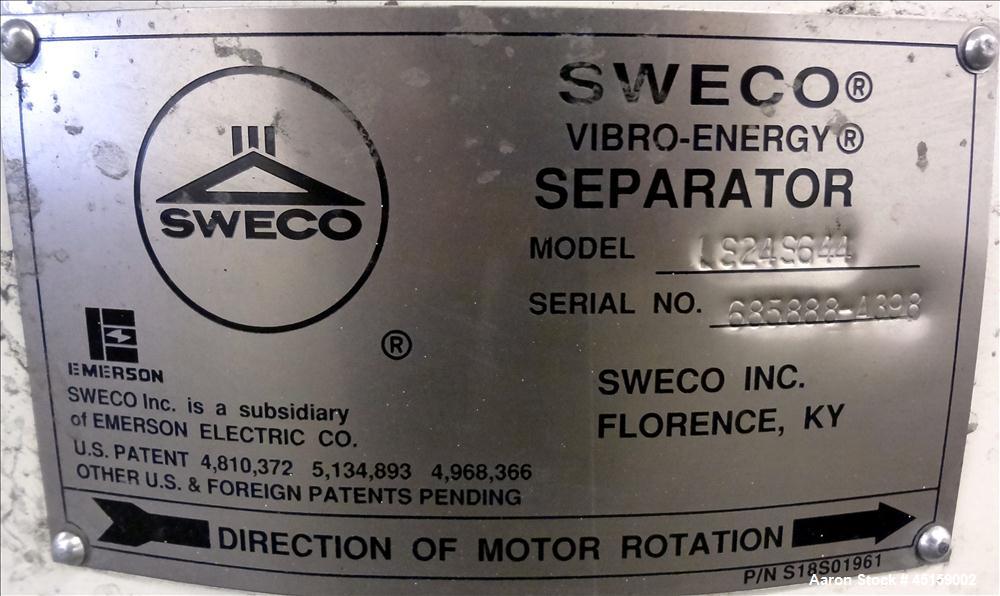 Used Sweco Screener, Model LS24S644, 304 Stainless Steel. 24" Diameter (3) deck, (2) separation with top cover. Driven by a 1/3 hp, 3/60/208 volt, 1200 rpm motor. Mounted on carbon steel base. Serial...