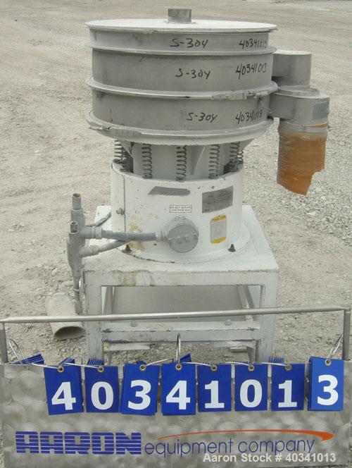 Used Sweco screener, model LS24S, 304 stainless steel. 24" diameter, double deck, 3 separation. Plexiglass top cover. Driven by a 1/3 hp, 3/60/440 volt, 1140 rpm motor. Mounted on a carbon steel base.