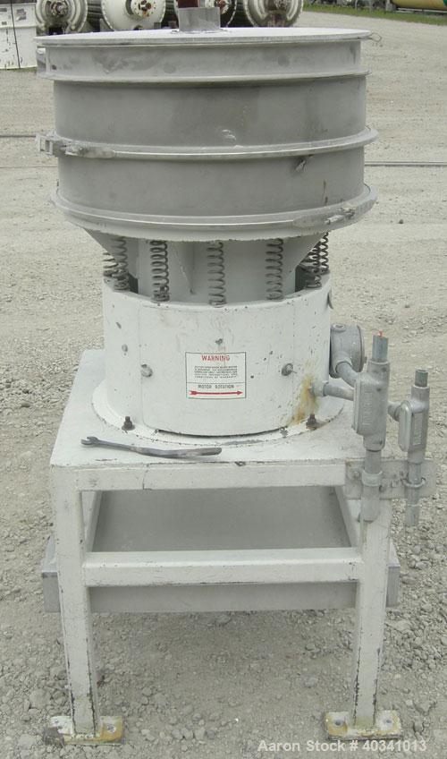 Used Sweco screener, model LS24S, 304 stainless steel. 24" diameter, double deck, 3 separation. Plexiglass top cover. Driven by a 1/3 hp, 3/60/440 volt, 1140 rpm motor. Mounted on a carbon steel base.