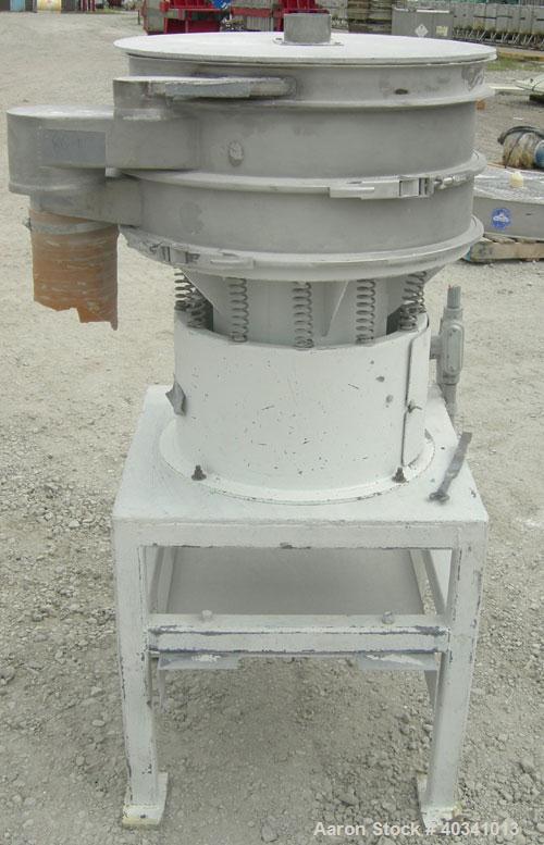 Used Sweco screener, model LS24S, 304 stainless steel. 24" diameter, double deck, 3 separation. Plexiglass top cover. Driven by a 1/3 hp, 3/60/440 volt, 1140 rpm motor. Mounted on a carbon steel base.