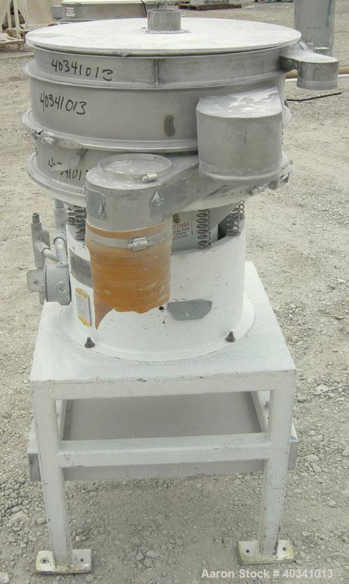 Used Sweco screener, model LS24S, 304 stainless steel. 24" diameter, double deck, 3 separation. Plexiglass top cover. Driven by a 1/3 hp, 3/60/440 volt, 1140 rpm motor. Mounted on a carbon steel base.