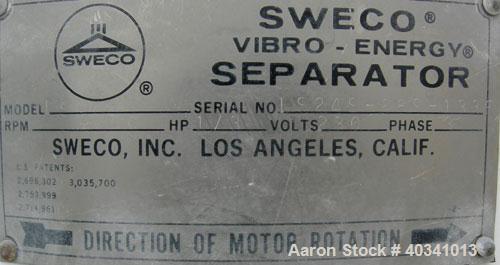 Used Sweco screener, model LS24S, 304 stainless steel. 24" diameter, double deck, 3 separation. Plexiglass top cover. Driven by a 1/3 hp, 3/60/440 volt, 1140 rpm motor. Mounted on a carbon steel base.