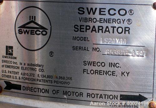 Used Sweco Screener, Model LS24Y44, stainless steel. 24" diameter, single deck, 2 separation. Stainless steel top cover. Driven by a 1/3 hp, 3/60/460 volt, 1140 rpm XP motor. Includes a top mounted c...