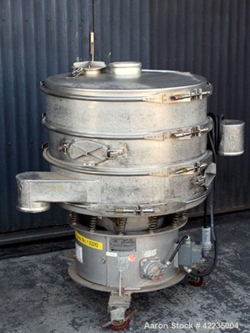 Used Sweco Screener, Model LS303666, Stainless Steel. 30" diameter, double deck, 3 separation. Top cover. Driven by a 1/2 hp, 3/60/220/440 volt, 1200 rpm motor. Mounted on a carbon steel base with ca...