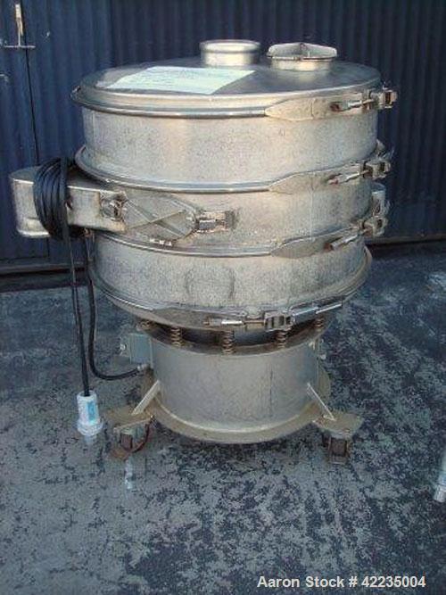 Used Sweco Screener, Model LS303666, Stainless Steel. 30" diameter, double deck, 3 separation. Top cover. Driven by a 1/2 hp, 3/60/220/440 volt, 1200 rpm motor. Mounted on a carbon steel base with ca...