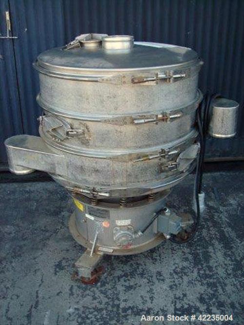 Used Sweco Screener, Model LS303666, Stainless Steel. 30" diameter, double deck, 3 separation. Top cover. Driven by a 1/2 hp, 3/60/220/440 volt, 1200 rpm motor. Mounted on a carbon steel base with ca...
