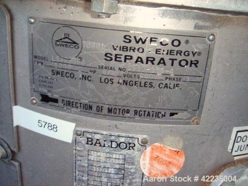 Used Sweco Screener, Model LS303666, Stainless Steel. 30" diameter, double deck, 3 separation. Top cover. Driven by a 1/2 hp, 3/60/220/440 volt, 1200 rpm motor. Mounted on a carbon steel base with ca...