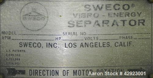 Used Sweco Screener, Model LS30C666, Carbon Steel. 30'' Diameter, double deck, 3 separation. Includes a top cover. Driven by a 1/2 HP, 3/60/230/460 Volt, 1140 RPM motor. Mounted on a carbon steel bas...