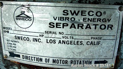 USED: Sweco screener, model LS30C6, 316 stainless steel. 30" diameter, bottom deck only, no top cover. Driven by a 1/2 hp, 3/60/220/440 volt, 1140 rpm motor. Mounted on a carbon steel base.