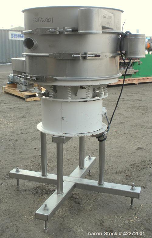 Used Sweco Screener, Model LS30S666, 304 Stainless Steel. 30" diameter, double deck, 3 separation. No top cover. Driven by a 1/2hp, 3/60/230/460 volt, 1140 rpm motor. Mounted on a carbon steel base, ...