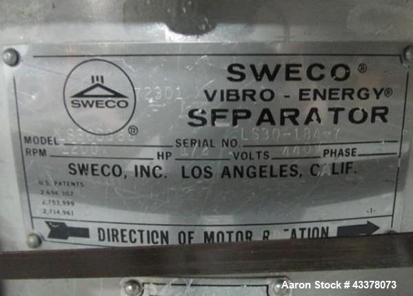 Used Sweco 30" Screen, Model LS30S666. Stainless steel construction including base, two deck design with cover, on base with 0.5hp, 440 volt motor, serial# LS30-184-7.