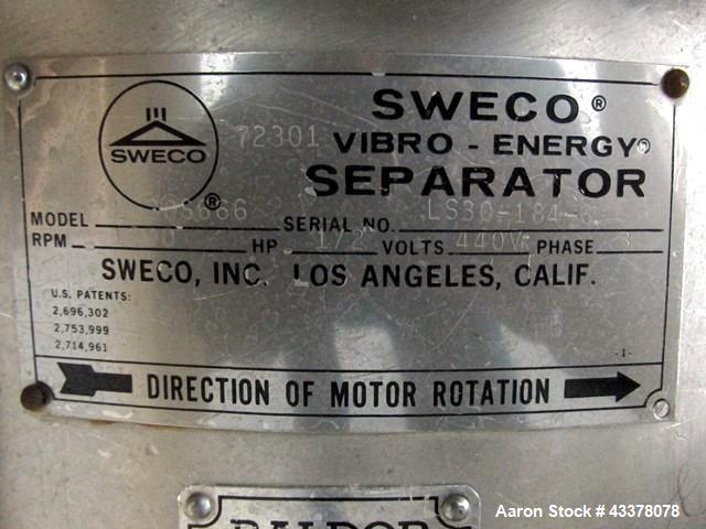 Used Sweco 30" Screen, Model LS30S666. Stainless steel construction including base, single deck with cover, on base with 0.5hp, 440 volt motor, serial# LS30-184-6.