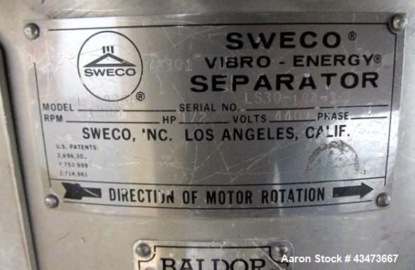 Used 30" Sweco screen, model LS30S666, stainless steel construction including base, 2 deck with cover, on base with .5 hp, 440 volt motor, serial# LS30-184-3.