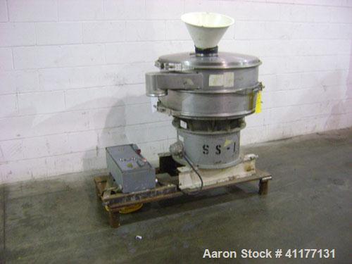 Used Sweco Screener, Model LS30S66, 304 Stainless Steel. 30" diameter, single deck, 2 separation. Top cover. Driven by a 1/2 hp, 3/60/460 volt, 1120 rpm motor. Mounted on a carbon steel base.