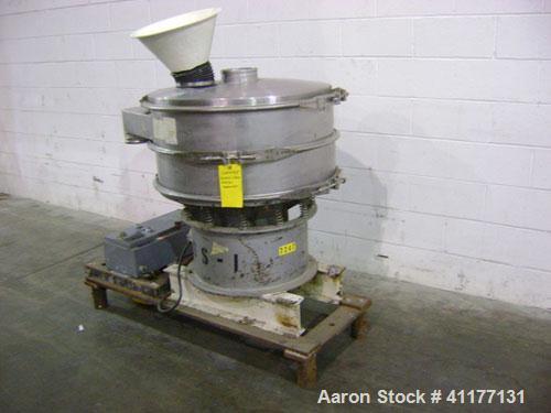 Used Sweco Screener, Model LS30S66, 304 Stainless Steel. 30" diameter, single deck, 2 separation. Top cover. Driven by a 1/2 hp, 3/60/460 volt, 1120 rpm motor. Mounted on a carbon steel base.