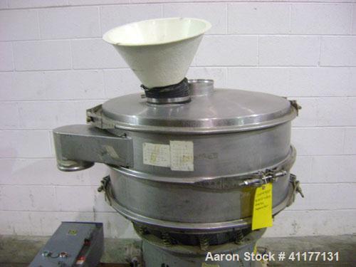 Used Sweco Screener, Model LS30S66, 304 Stainless Steel. 30" diameter, single deck, 2 separation. Top cover. Driven by a 1/2 hp, 3/60/460 volt, 1120 rpm motor. Mounted on a carbon steel base.