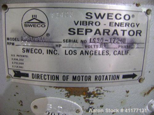 Used Sweco Screener, Model LS30S66, 304 Stainless Steel. 30" diameter, single deck, 2 separation. Top cover. Driven by a 1/2 hp, 3/60/460 volt, 1120 rpm motor. Mounted on a carbon steel base.