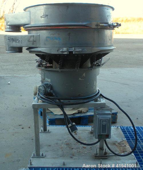Used Sweco Screener, Model LS30S66, 316 Stainless Steel. 30" diameter, single deck, 2 separation, no top cover. Driven by a 1/2 hp, 3/60/220/440 volt, 1140 rpm motor. Mounted on a carbon steel base w...