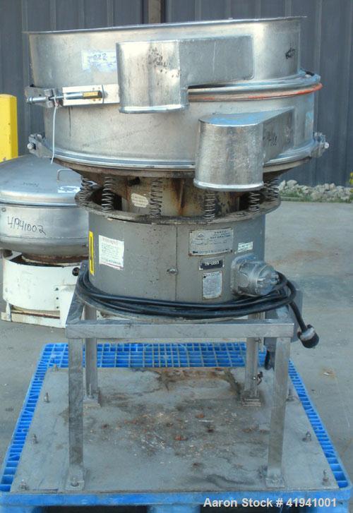 Used Sweco Screener, Model LS30S66, 316 Stainless Steel. 30" diameter, single deck, 2 separation, no top cover. Driven by a 1/2 hp, 3/60/220/440 volt, 1140 rpm motor. Mounted on a carbon steel base w...