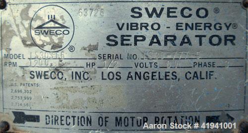 Used Sweco Screener, Model LS30S66, 316 Stainless Steel. 30" diameter, single deck, 2 separation, no top cover. Driven by a 1/2 hp, 3/60/220/440 volt, 1140 rpm motor. Mounted on a carbon steel base w...